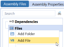 Source code files icons with the Add File dialog box located under the Folder in Assembly files.